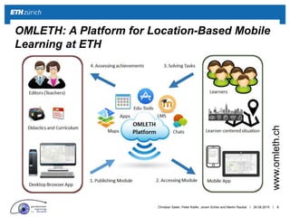 || 26.08.2015 8
OMLETH: A Platform for Location-Based Mobile
Learning at ETH
www.omleth.ch
Christian Sailer, Peter Kiefer,...