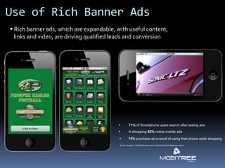Use of Rich Banner Ads
 Rich banner ads, which are expandable, with useful content,
  links and video, are driving qualified leads and conversion




                                                  71% of Smartphone users search after seeing ads
                                                  A whopping 82% notice mobile ads

                                                  74% purchase as a result of using their phone while shopping
                                          Source: Google’s “The Mobile Movement: Understanding Smartphone Users”
 