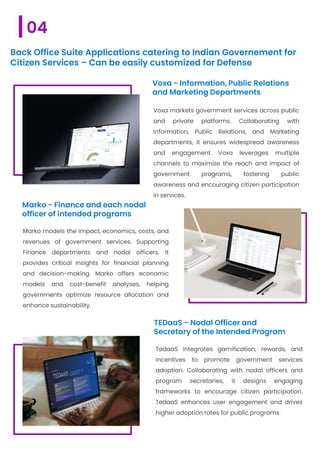 Voxa - Information, Public Relations
and Marketing Departments
Voxa markets government services across public
and private platforms. Collaborating with
Information, Public Relations, and Marketing
departments, it ensures widespread awareness
and engagement. Voxa leverages multiple
channels to maximize the reach and impact of
government programs, fostering public
awareness and encouraging citizen participation
in services.
Marko - Finance and each nodal
officer of intended programs
Marko models the impact, economics, costs, and
revenues of government services. Supporting
Finance departments and nodal officers, it
provides critical insights for financial planning
and decision-making. Marko offers economic
models and cost-benefit analyses, helping
governments optimize resource allocation and
enhance sustainability.
TEDaaS - Nodal Officer and
Secretary of the Intended Program
TedaaS integrates gamification, rewards, and
incentives to promote government services
adoption. Collaborating with nodal officers and
program secretaries, it designs engaging
frameworks to encourage citizen participation.
TedaaS enhances user engagement and drives
higher adoption rates for public programs.
04
Back Office Suite Applications catering to Indian Governement for
Citizen Services – Can be easily customized for Defense
 