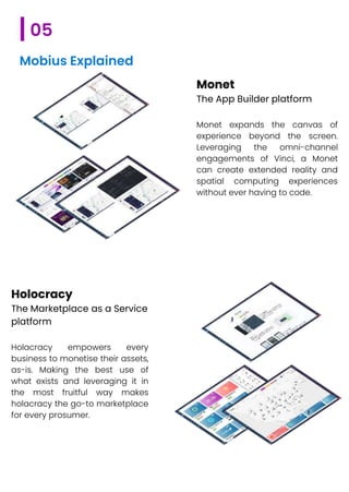 05
Mobius Explained
Monet
The App Builder platform
Monet expands the canvas of
experience beyond the screen.
Leveraging the omni-channel
engagements of Vinci, a Monet
can create extended reality and
spatial computing experiences
without ever having to code.
Holocracy
The Marketplace as a Service
platform
Holacracy empowers every
business to monetise their assets,
as-is. Making the best use of
what exists and leveraging it in
the most fruitful way makes
holacracy the go-to marketplace
for every prosumer.
 