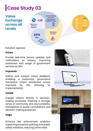 Value
Exchange
across all
Levels
Solution spaces
CLinks:
Provide real-time service updates and
notifications to citizens, improving
awareness and usage of government
services by 35%.
Impressio:
Gather and analyze citizen feedback,
enabling a responsive governance
framework. Citizen satisfaction scores
improved by 20% following its
implementation.
VoteIQ:
Engage citizens directly in decision-
making processes, fostering a stronger
sense of community and accountability.
Participation in public consultations and
decision-making processes
Aegis:
Enhance law enforcement analytics,
supporting proactive policing and public
safety initiatives, reducing crime rates
Manufacturing
Line of AI
Composable
Intelligent Apps
Back
Office XPX
Suite
Managed
Services
Network &
AIDTaaS
Platform
Marketing &
BizDev
PoC &
Proposals
360° Customer
Management
Scaling
Capital
Case Study 03
 