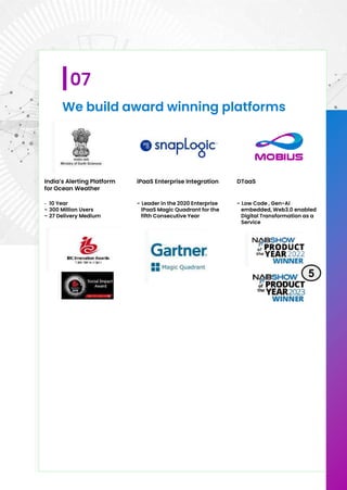We build award winning platforms
07
India’s Alerting Platform
for Ocean Weather
- 10 Year
- 300 Million Users
- 27 Delivery Medium
iPaaS Enterprise Integration
- Leader in the 2020 Enterprise
iPaaS Magic Quadrant for the
fifth Consecutive Year
DTaaS
- Low Code , Gen-AI
embedded, Web3.0 enabled
Digital Transformation as a
Service
5
 
