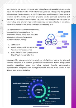 But the returns are well worth it. In the early years of AI implementation, transformation
results will manifest in months which hitherto took years and subsequently the speed of
transformation itself will regress to a meaningless metric. As transformation itself will be a
constant real-time reality, government programs can be optimized, customized and
executed at the speed of thought. Wealth creation is exponential and one can aspire for
zero wastage and a hundred percent transparency and accountability in operations.
Furthermore, every error is a lesson to be learnt, immediately, by AI.
The internationally acclaimed, award winning
Mobius platform is a realization of this
potential for Defense sector. Mobius is a Web
4.0 platform built on a triumvirate of
foundational pillars, namely:
a. AI, ML and DL
b. Marketplaces built on Blockchain and
Tokenized Service economies
c. Low-Code, No-Code Composability of
Digital Applications and Services
Mobius provides a comprehensive framework and set of platform tools for the quick and
seamless adoption of AI powered governance transformation. Mobius brings game
changing capabilities across the safety, cultural, financial, administrative,
implementation, compliance and oversight functions that are much needed in any
defense program or undertaking.
Objective
Driven AI
ML/DL
Token
Economics
Design
Smart
Contracts
Tokenization
Mobius
Agents
AI
Low
Code
Web
3.0
4th Gen Data
Intelligence
MXaaS
Business
Process
Orchestration
Experience
Design
 