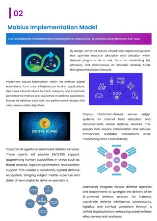 The foundational implementation paradigms of Mobius into a Defense ecosystem are five-fold:
By design, construct secure, closed-loop digital ecosystems
that optimize resource allocation and utilization within
defense programs. As a rule, focus on maximizing the
efficiency and effectiveness of allocated defense funds
throughout the project lifecycle.
Implement secure tokenization within the defense digital
ecosystem, from core infrastructure to end applications.
Use these internal tokens to track, measure, and incentivize
performance metrics and outcomes in defense operations.
Ensure all defense contracts are performance-based with
clear, measurable objectives.
Employ blockchain-based secure ledger
systems for internal fund allocation and
disbursements across defense services. This
powers inter-service collaboration and ensures
transparent, auditable transactions while
maintaining strict confidentiality.
Integrate AI agents for enhanced defense services.
These agents will provide 24/7/365 support,
augmenting human capabilities in areas such as
threat analysis, logistics optimization, and decision
support. This creates a constantly vigilant defense
ecosystem, bringing subject matter expertise and
data-driven insights to defense operations.
02
Mobius Implementation Model
Seamlessly integrate various defense agencies
and departments to synergize the delivery of an
AI-powered defense services. For instance,
coordinate defense intelligence, cybersecurity,
logistics, and combat operations through a
unified digital platform, enhancing overall military
effectiveness and readiness.
 