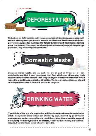 13
Reduction in deforestation will increase carbon sinks, increase sinks will
reduce atmospheric pollutants, reduce incidence of landslides and floods,
provide resources for livelihood to forest dwellers and communities living
near the forest. Therefore, we should plant more trees, stop printing and go
paperless, buy recycled paper products.
Everyone makes waste, and as such we are all part of living in a non-
sustainable way. But if everyone took that first vital step of keeping their
discarded materials separate then they could join the movement which would
movetheworldinasustainabledirection.Wastesegregationatsourceshould
be adopted because it is much easier to recycle.
Two-thirds of the world’s population will live in water-stressed countries by
2025. Many Indian cities will run out of water by 2030. Marred by poor water
management and extreme climatic conditions, our cities are on the verge of
collapsing from dehydration. Therefore, one should use water judiciously i.e.
recycle, treat and reuse water wherever possible.
 