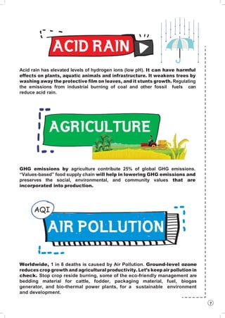 7
Acid rain has elevated levels of hydrogen ions (low pH). It can have harmful
effects on plants, aquatic animals and infrastructure. It weakens trees by
washing away the protective film on leaves, and it stunts growth. Regulating
the emissions from industrial burning of coal and other fossil fuels can
reduce acid rain.
GHG emissions by agriculture contribute 25% of global GHG emissions.
“Values-based” food supply chain will help in lowering GHG emissions and
preserves the social, environmental, and community values that are
incorporated into production.
AQI
Worldwide, 1 in 8 deaths is caused by Air Pollution. Ground-level ozone
reduces crop growth and agricultural productivity. Let’s keep air pollution in
check. Stop crop reside burring, some of the eco-friendly management are
bedding material for cattle, fodder, packaging material, fuel, biogas
generator, and bio-thermal power plants, for a sustainable environment
and development.
 