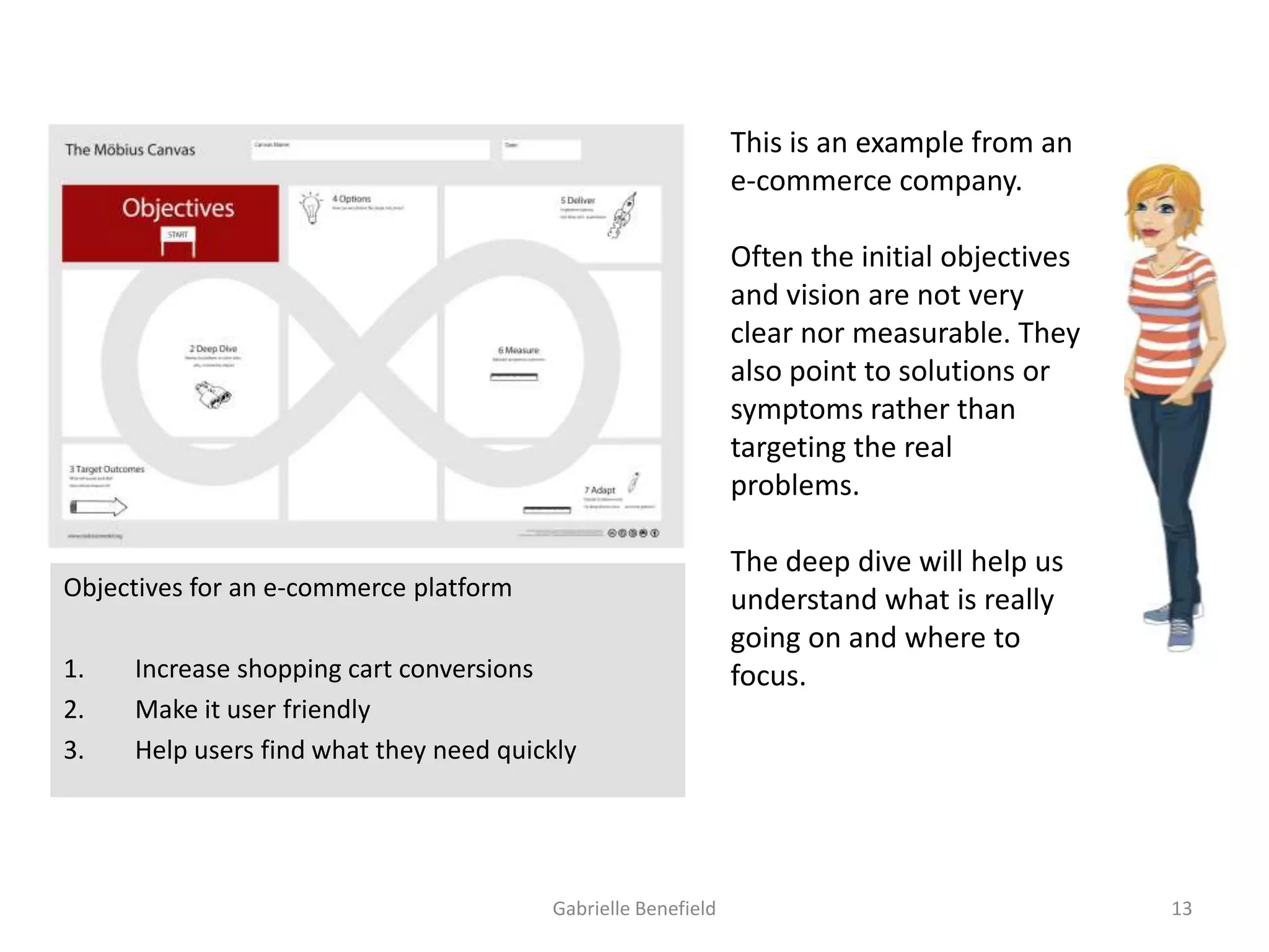 This is an example from an
e-commerce company.
Often the initial objectives
and vision are not very
clear nor measurable. They
also point to solutions or
symptoms rather than
targeting the real
problems.
Objectives for an e-commerce platform
1.
2.
3.

Increase shopping cart conversions
Make it user friendly
Help users find what they need quickly

Gabrielle Benefield

The deep dive will help us
understand what is really
going on and where to
focus.

13

 