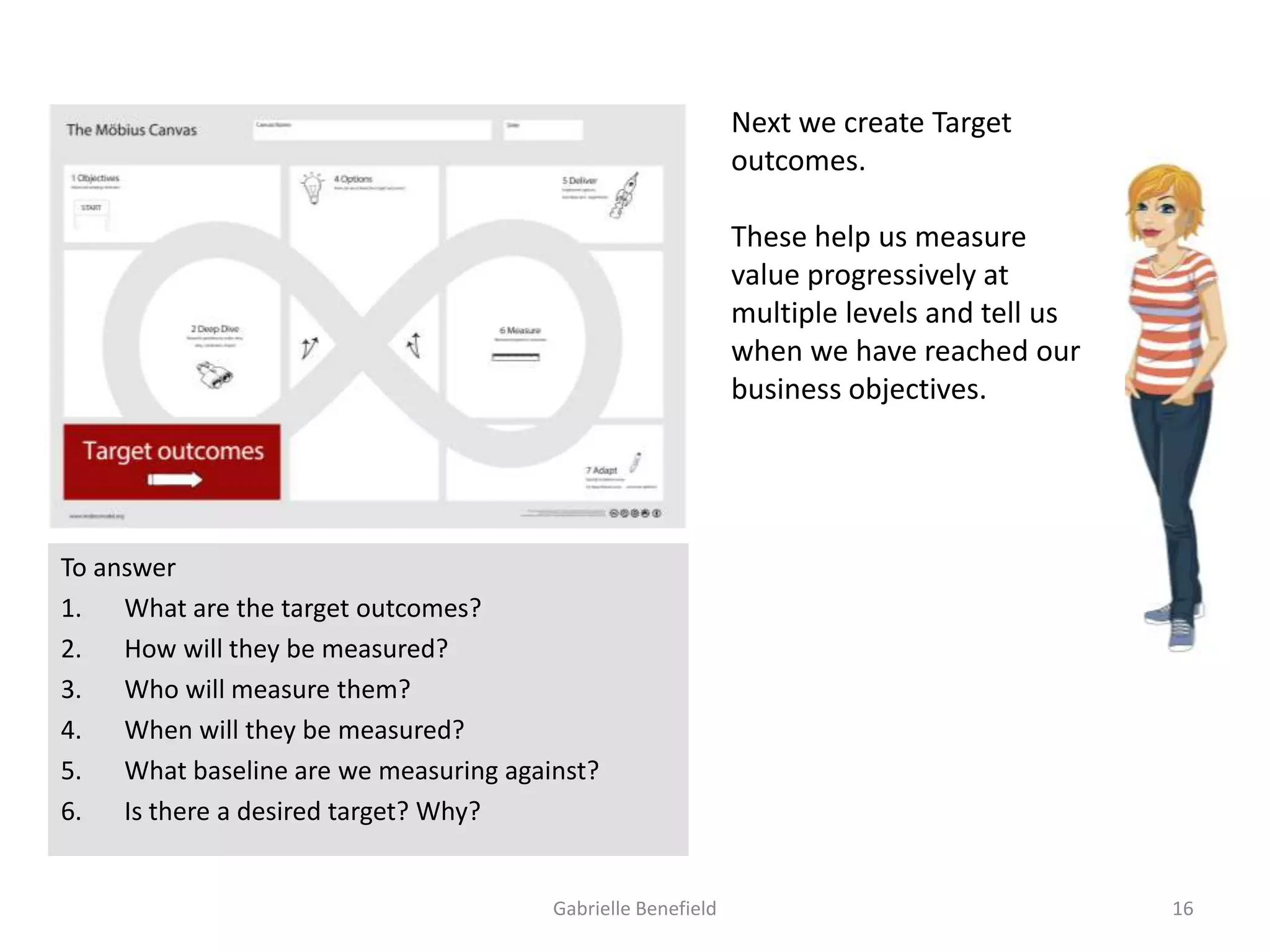 Next we create Target
outcomes.
These help us measure
value progressively at
multiple levels and tell us
when we have reached our
business objectives.

To answer
1. What are the target outcomes?
2. How will they be measured?
3. Who will measure them?
4. When will they be measured?
5. What baseline are we measuring against?
6. Is there a desired target? Why?

Gabrielle Benefield

16

 