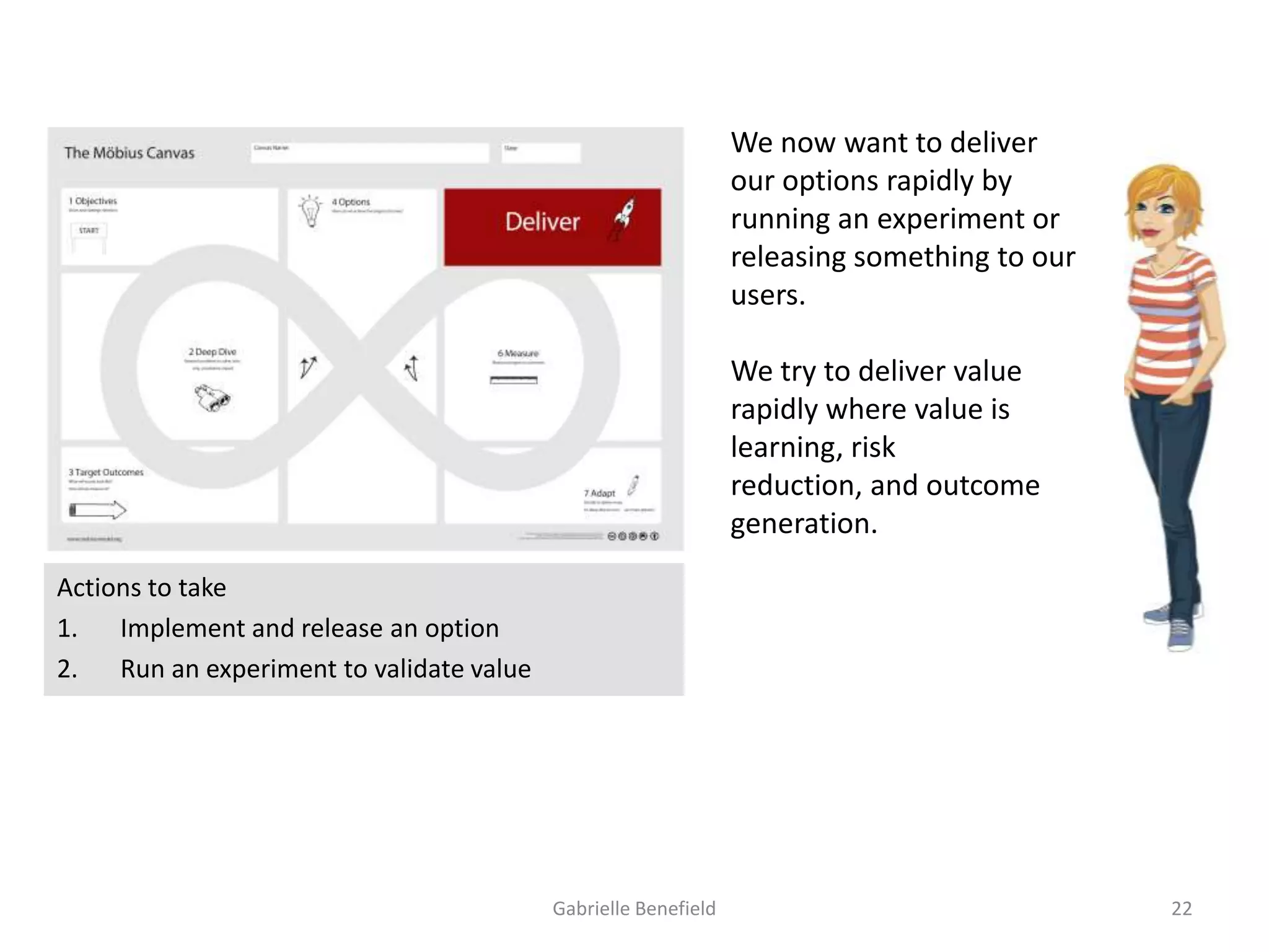 We now want to deliver
our options rapidly by
running an experiment or
releasing something to our
users.
We try to deliver value
rapidly where value is
learning, risk reduction,
and outcome generation.
Actions to take
1.
Implement and release an option
2.
Run an experiment to validate value

Gabrielle Benefield

22

 