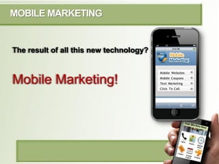 MOBILE MARKETING


The result of all this new technology?



Mobile Marketing!




 YOUR COMPANY - Phone - Email
 