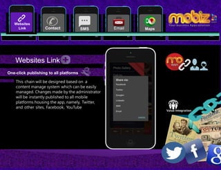 13
This chain will be designed based on a
content manage system which can be easily
managed. Changes made by the administrator
will be instantly published to all mobile
platforms housing the app, namely, Twitter,
and other sites, Facebook, YouTube
Websites Link
One-click publishing to all platforms
SMS EmailContact
Websites
Link Maps
 