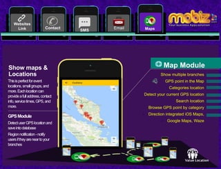 17
Show maps &
Locations
Thisisperfectforevent
locations,smallgroups,and
more.Eachlocationcan
provideafulladdress,contact
info,servicetimes,GPS,and
more.
Map Module
Show multiple branches
GPS point in the Map
Categories location
Detect your current GPS location
Search location
Browse GPS point by category
- Direction integrated iOS Maps,
- Google Maps, Waze
GPSModule
DetectuserGPSlocationand
saveintodatabase
Regionnotification-notify
usersiftheyareneartoyour
branches
EmailSMSSMS
Websites
Link Contact Maps
 