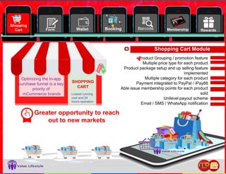 19
Form Wallet Booking Barcode RewardsMembership
Shopping
Cart
Product Grouping / promotion feature
Multiple price type for each product
Product package setup and up selling feature
implemented
Multiple category for each product
Payment integrated to PayPal / iPay88
Able issue membership points for each product
sold
Unilevel payout scheme
Email / SMS / WhatsApp notification
Shopping Cart Module
Greater opportunity to reach
out to new markets
SHOPPING
CART
Optimizing the in-app
purchase funnel is a key
priority of
mCommerce brands Lowest running
cost and 24
hours operation
 