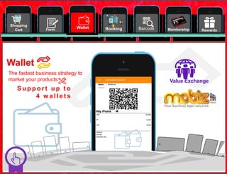 21
Shopping
Cart Form Booking Barcode RewardsMembershipWallet
Wallet
Value Exchange
The fastest business strategy to
market your products
S u p p o r t u p t o
4 w a l l e t s
 