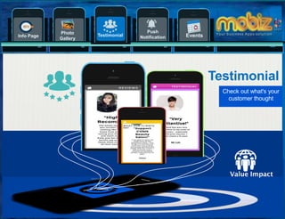 9
Push
NotificationInfo Page
Photo
Gallery
Check out what's your
customer thought
Testimonial
Testimonial Events
 