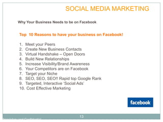 FACEBOOK         SOCIAL MEDIA MARKETING
           Why Your Business Needs to be on Facebook


            Top 10 Reasons to have your business on Facebook!

            1. Meet your Peers
            2. Create New Business Contacts
            3. Virtual Handshake – Open Doors
            4. Build New Relationships
            5. Increase Visibility/Brand Awareness
            6. Your Competitors are on Facebook
            7. Target your Niche
            8. SEO, SEO, SEO!! Rapid top Google Rank
            9. Targeted, Interactive ‘Social Ads’
            10. Cost Effective Marketing




                                           13
Proprietary and Confidential
 