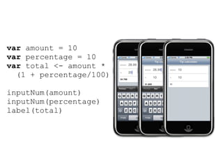 var amount = 10
var percentage = 10
var total <- amount *
  (1 + percentage/100)

inputNum(amount)
inputNum(percentage)
label(total)
 