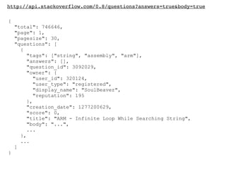 http://api.stackoverflow.com/0.8/questions?answers=true&body=true

{
    "total": 746646,
    "page": 1,
    "pagesize": 30,
    "questions": [
      {
        "tags": ["string", "assembly", "arm"],
        "answers": [],
        "question_id": 3092029,
        "owner": {
          "user_id": 320124,
          "user_type": "registered",
          "display_name": "SoulBeaver",
          "reputation": 195
        },
        "creation_date": 1277200629,
        "score": 0,
        "title": "ARM - Infinite Loop While Searching String",
        "body": "...",
        ...
      },
      ...
    ]
}
 