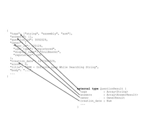 {
    "tags": ["string", "assembly", "arm"],
    "answers": [],
    "question_id": 3092029,
    "owner": {
       "user_id": 320124,
       "user_type": "registered",
       "display_name": "SoulBeaver",
       "reputation": 195
    },
    "creation_date": 1277200629,
    "score": 0,
    "title": "ARM - Infinite Loop While Searching String",
    "body": "...",
    ...
}



                                            external type QuestionResult {
                                              tags          : Array<String>
                                              answers       : Array<AnswerResult>
                                              owner         : OwnerResult
                                              creation_date : Num
                                              ...
                                            }
 