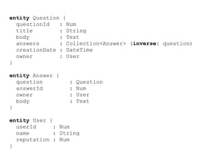 entity Question {
  questionId   : Num
  title        : String
  body         : Text
  answers      : Collection<Answer> (inverse: question)
  creationDate : DateTime
  owner        : User
}

entity Answer {
  question        :   Question
  answerId        :   Num
  owner           :   User
  body            :   Text
}

entity User {
  userId     : Num
  name       : String
  reputation : Num
}
 