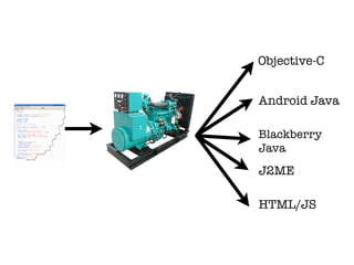 Objective-C


Android Java

Blackberry
Java
J2ME

HTML/JS
 