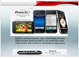 v Speed: Load/Send pictures, video, attachments 2X faster Video Camera: Shoot and edit on your phone then send Voice Control: Dial a phone #, call someone, play a song   Watch the Guided Tour Meet iPhone 3G S. With new features like a remarkable video camera, Voice Control, and more, it's the best iPhone yet.  Learn more Speed Load web pages, launch apps, open attachments—even take pictures—faster than ever before.** Video Camera Shoot video and edit on your phone, then share it via email, MMS, MobileMe, or YouTube. † Voice Control Use your voice to dial a phone number, call someone in your contacts, or play a song.   Two great ways to get iPhone 3G S the day it's available. Have a new iPhone 3G S delivered right to your door on June 19 when you order from the  Apple Online Store . Stop by your favorite  Apple Retail Store  on June 19. Better yet, reserve an iPhone 3G S online today and pick it up at the store. ††  Either way, we'll activate and set up your phone for you. 