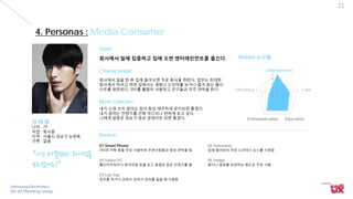 Samsung Electronics
VD UX Planning Group
21
김 태 평
나이 : 29
직업 : 회사원
지역 : 서울시 강남구 논현동
가족 : 없음
Goal
회사에서 일에 집중하고 집에 오면 엔터테인먼트를 즐긴다.
Characteristic
회사에서 일을 한 후 집에 들어오면 주로 휴식을 취한다. 업무는 최대한
회사에서 하려고 하며 집에서는 영화나 드라마를 보거나 즐겨 찾는 웹사
이트를 방문한다. SNS를 활발히 사용하고 친구들과 자주 연락을 한다.
Main Concern
내가 신경 쓰지 않아도 집이 항상 깨끗하게 유지되면 좋겠다.
내가 원하는 컨텐츠를 언제 어디서나 편하게 보고 싶다.
나에게 알맞은 정보가 항상 업데이트 되면 좋겠다.
Device
01 Smart Phone
SNS와 카톡 등을 주로 사용하며 주변사람들과 항상 연락을 함
02 Tablet PC
웹브라우징이나 문서파일 등을 보고 동영상 같은 컨텐츠를 봄
03 Lap Top
업무를 하거나 교육이 있어서 강의를 들을 때 사용함
04 Television
집에 들어와서 주로 드라마나 뉴스를 시청함
05 Fridge
물이나 음료를 보관하는 용도로 주로 사용
0
1
2
3
4
5
EducationCommunication
Efficiency Care
Entertainment
Moblet 소구점
“나는 타블렛과 차이점을
모르겠어요!”
4. Personas : Media Consumer
 