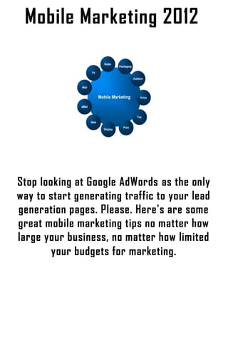 Mobile Marketing 2012




Stop looking at Google AdWords as the only
way to start generating traffic to your lead
generation pages. Please. Here's are some
great mobile marketing tips no matter how
large your business, no matter how limited
        your budgets for marketing.
 