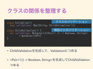 class Validation<T>
(val validations: Map<String, ChildValidation<T>>)
class ChildValidation<T> {
val validations: MutableList<Pair<T.() -> Boolean, String>>
= mutableListOf()
}
• ChildValidation Validation
• <Pair<T.() -> Boolean, String> ChildValidation
 