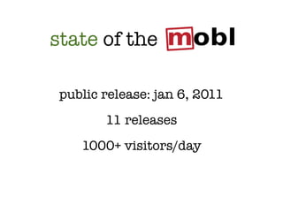 state of the

 public release: jan 6, 2011
        11 releases
    1000+ visitors/day
 