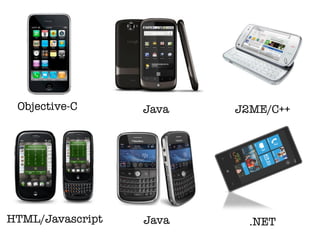 Objective-C      Java   J2ME/C++




HTML/Javascript   Java     .NET
 