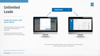 Your  shortcut  to  user  acquisition.
3
Our  leads  include  the  following  ﬁelds:  name,  company  name,  email  address,  
loca_on,  phone  number,  and  comments.  
Unlimited
Leads
Leads  are  yours,  and  
yours  alone.
Leads  generated  for  your  app  are  exclusive  
and  are  placed  directly  into  your  
dashboard.    
You’ll  also  get  a  detailed  email  with  the  
visitor’s  information  -­‐  all  at  no  extra  charge.  
 