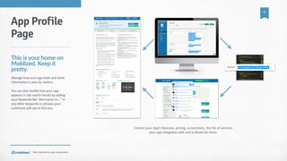 Your  shortcut  to  user  acquisition.
4
Control  your  App’s  features,  pricing,  screenshots,  the  list  of  services    
your  app  integrates  with  and  a  whole  lot  more.
App Profile
Page
This  is  your  home  on  
Moblized.  Keep  it  
pretty.
Manage  how  your  app  looks  and  what  
information  is  seen  by  visitors.  
You  can  also  modify  how  your  app  
appears  in  site  search  results  by  adding  
your  keywords  like  “alternative  to…”  or  
any  other  keywords  or  phrases  your  
customers  will  use  to  find  you.
 