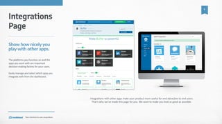Your  shortcut  to  user  acquisition.
5
Integra_ons  with  other  apps  make  your  product  more  useful  for  and  acrac_ve  to  end  users.    
That’s  why  we’ve  made  this  page  for  you.  We  want  to  make  you  look  as  good  as  possible.
Integrations
Page
Show  how  nicely  you  
play  with  other  apps.
The  platforms  you  function  on  and  the  
apps  you  work  with  are  important  
decision-­‐making  factors  for  your  users.  
Easily  manage  and  select  which  apps  you  
integrate  with  from  the  dashboard.
 