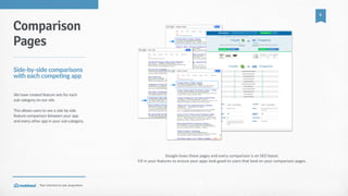 Your  shortcut  to  user  acquisition.
6
Google  loves  these  pages  and  every  comparison  is  an  SEO  boost.  
Fill  in  your  features  to  ensure  your  apps  look  good  to  users  that  land  on  your  comparison  pages.
Comparison
Pages
Side-­‐by-­‐side  comparisons  
with  each  competing  app
We  have  created  feature  sets  for  each  
sub-­‐category  on  our  site.    
This  allows  users  to  see  a  side  by  side  
feature  comparison  between  your  app  
and  every  other  app  in  your  sub-­‐category.  
 