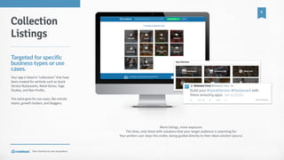Your  shortcut  to  user  acquisition.
8
More  lis_ngs,  more  exposure.    
This  _me,  only  listed  with  solu_ons  that  your  target  audience  is  searching  for.  
Your  perfect  user  skips  the  clucer,  being  guided  directly  to  their  ideal  solu_on  (yours).
Collection
Listings
Targeted  for  specific  
business  types  or  use  
cases.
Your  app  is  listed  in  “collections”  that  have  
been  created  for  verticals  such  as  Quick  
Service  Restaurants,  Retail  Stores,  Yoga  
Studios,  and  Non-­‐Profits.    
The  same  goes  for  use  cases,  like  remote  
teams,  growth  hackers,  and  bloggers.
 