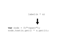 label(n * n)




var node = $("<span>");
node.text(n.get() * n.get());
n.addEventListener("change", function() {
    node.text(n.get() * n.get());
});
root.append(node);
 