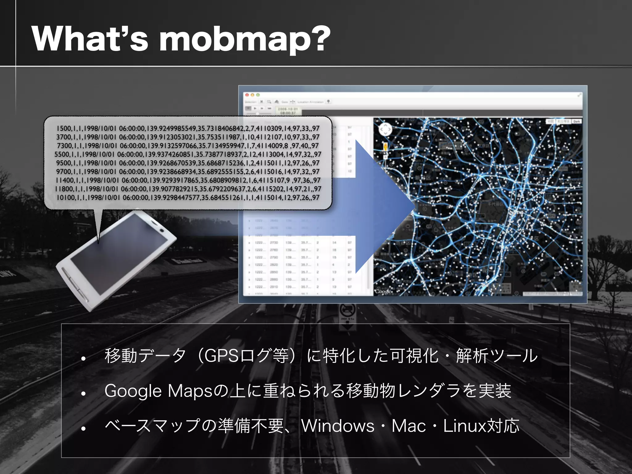  What s mobmap?
• 移動データ（GPSログ等）に特化した可視化・解析ツール
• Google Mapsの上に重ねられる移動物レンダラを実装
• ベースマップの準備不要、Windows・Mac・Linux対応
1500,1,1,1998/10/01 06:00:00,139.9249985549,35.7318406842,2,7,4110309,14,97,33,,97	

3700,1,1,1998/10/01 06:00:00,139.9123053021,35.753511987,1,10,4112107,10,97,33,,97	

7300,1,1,1998/10/01 06:00:00,139.9132597066,35.7134959947,1,7,4114009,8 ,97,40,,97	

5500,1,1,1998/10/01 06:00:00,139.9374260851,35.7387718937,2,12,4113004,14,97,32,,97	

9500,1,1,1998/10/01 06:00:00,139.9268670539,35.6868715236,1,2,4115011,12,97,26,,97	

9700,1,1,1998/10/01 06:00:00,139.9238668934,35.6892555155,2,6,4115016,14,97,32,,97	

11400,1,1,1998/10/01 06:00:00,139.9293917865,35.6808909812,1,6,4115107,9 ,97,36,,97	

11800,1,1,1998/10/01 06:00:00,139.9077829215,35.6792209637,2,6,4115202,14,97,21,,97	

10100,1,1,1998/10/01 06:00:00,139.9298447577,35.684551261,1,1,4115014,12,97,26,,97
 