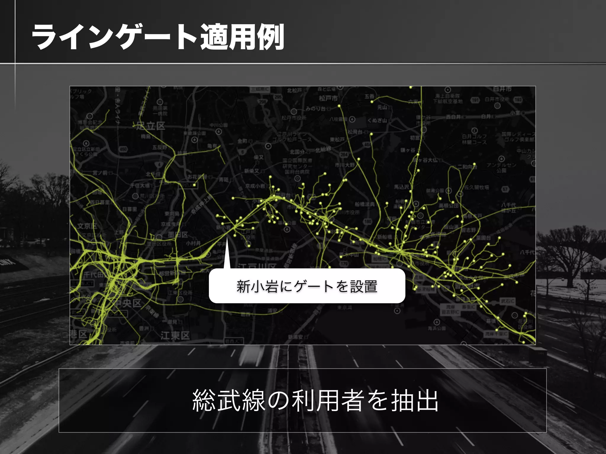  ラインゲート適用例
総武線の利用者を抽出
新小岩にゲートを設置
 