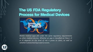 The US FDA Regulatory
Process for Medical Devices
Mobile medical apps fall under the same regulatory requirements
as other medical devices. Whether an app is classified as Class I, II
or III depends on the level of risk it poses to users, as well as
whetherSubstantial Equivalence exists.
12
 