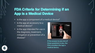 FDA Criteria for Determining if an
App is a Medical Device
• Is the app a component of a medical device?
• Is the app an accessory to a
medical device?
• Is the app intended for use in
the diagnosis, treatment,
mitigation or prevention of a
disease?
6
If the answer to any one of
these questions is yes, the
FDA considers the app a
medical device.
 