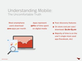 Most smartphone
users download
zero apps per month
Apps represent
50%+ of time spent
on digital media
Poor discovery features
On store cost per user/
download: $2.80-$3.00
Majority of time is on the
user’s single most used
app (Facebook, etc)
Understanding Mobile:
The Uncomfortable Truth
@mobomoapps
 