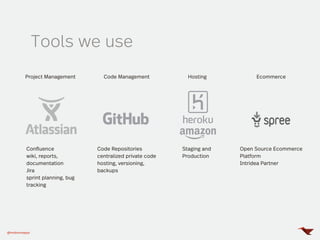 @mobomoapps
Tools we use
Project Management
Confluence
wiki, reports,
documentation
Jira
sprint planning, bug
tracking
Code Management
Code Repositories
centralized private code
hosting, versioning,
backups
Hosting
Staging and
Production
Ecommerce
Open Source Ecommerce
Platform
Intridea Partner
 