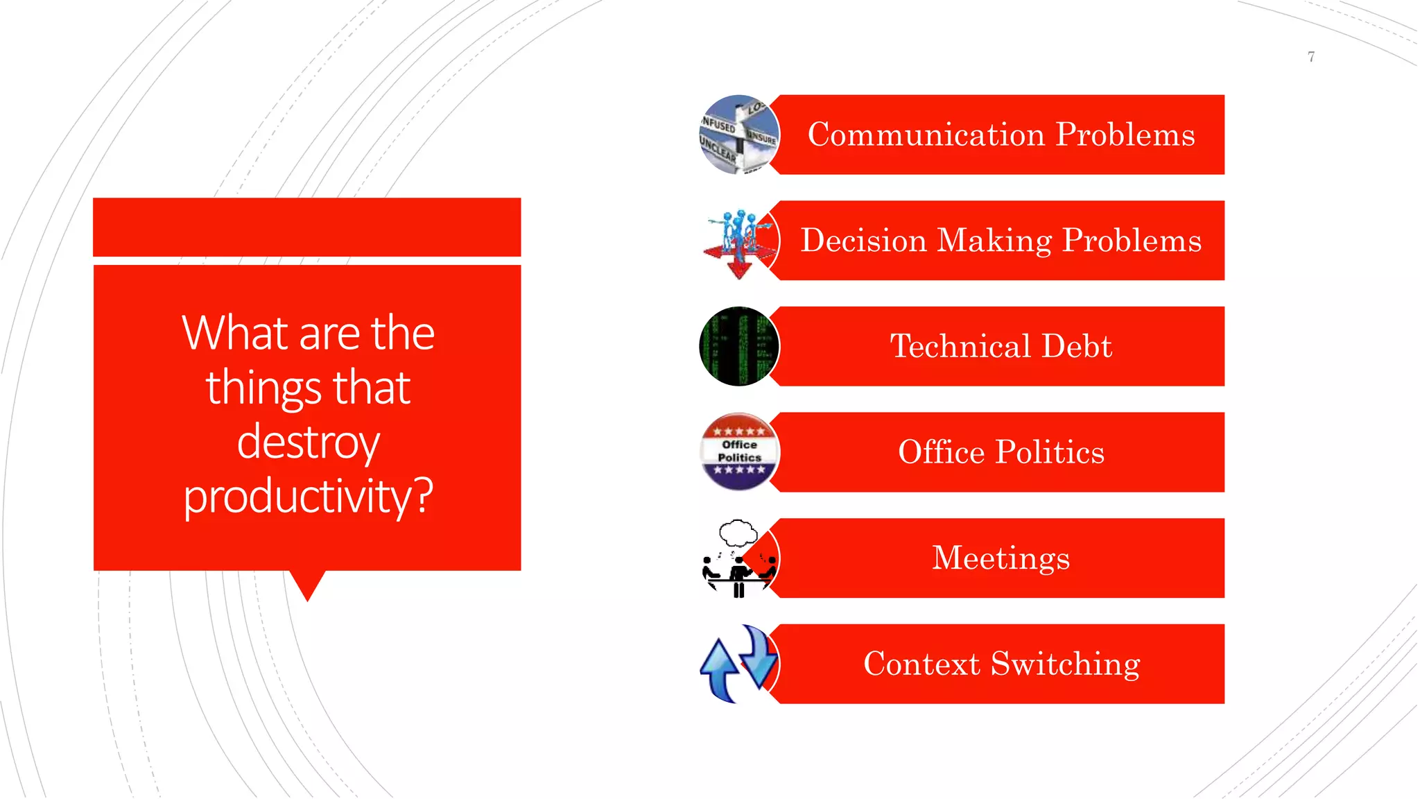 What arethe
things that
destroy
productivity?
Communication Problems
Decision Making Problems
Technical Debt
Office Politics
Meetings
Context Switching
7
 