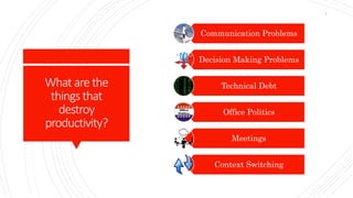 What arethe
things that
destroy
productivity?
Communication Problems
Decision Making Problems
Technical Debt
Office Politics
Meetings
Context Switching
7
 