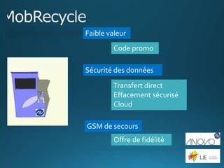 Faible valeur
Code promo
Transfert direct
Effacement sécurisé
Cloud
Offre de fidélité
Sécurité des données
GSM de secours
 