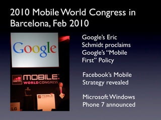 2010 Mobile World Congress in
Barcelona, Feb 2010
                Google’s Eric
                Schmidt proclaims
                Google’s “Mobile
                First” Policy

                Facebook’s Mobile
                Strategy revealed

                Microsoft Windows
                Phone 7 announced
 