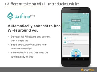 A different take on Wi-Fi - Introducing WiFire
Automatically connect to free
Wi-Fi around you
•  Discover Wi-Fi hotspots and connect
with a single tap
•  Easily see socially validated Wi-Fi
networks around you
•  Have web forms and OTP filled out
automatically for you
(beta)	
  
 