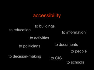 accessibilityto buildingsto educationto informationto activitiesto documentsto politiciansto peopleto decision-makingto GISto schools