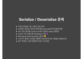 Serialize / Deserialize
JSON observable
constructor assign
Deserialize 👿
Server Side Rendering 😣
 